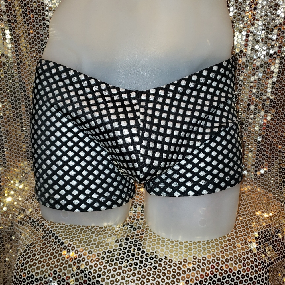 Men's slvr/blk grid patterned stripper shorts Med.